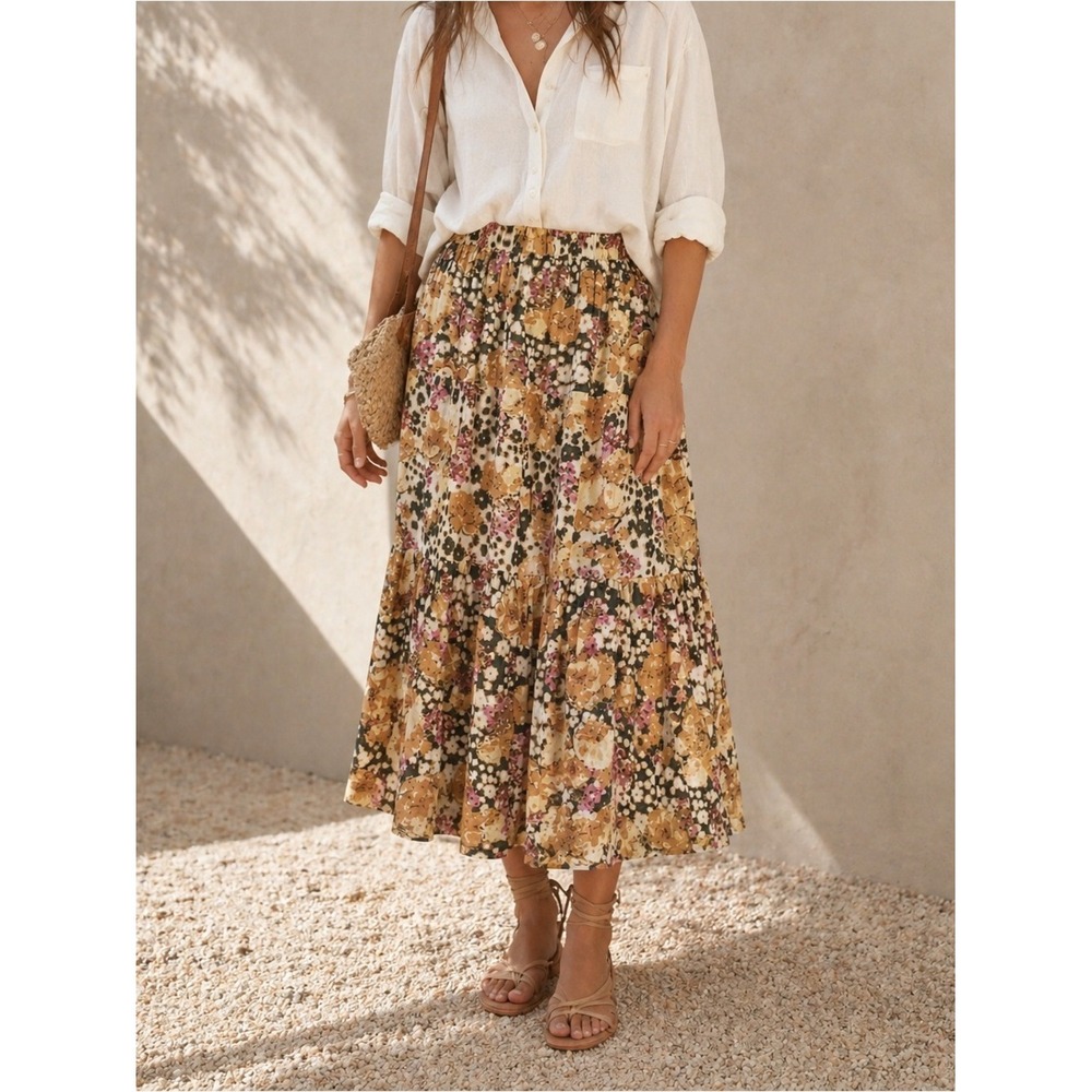 BA&SH Boho Midi Skirt M Sheer Tiered Pull-On Hippie Festival Resort Cover-Up